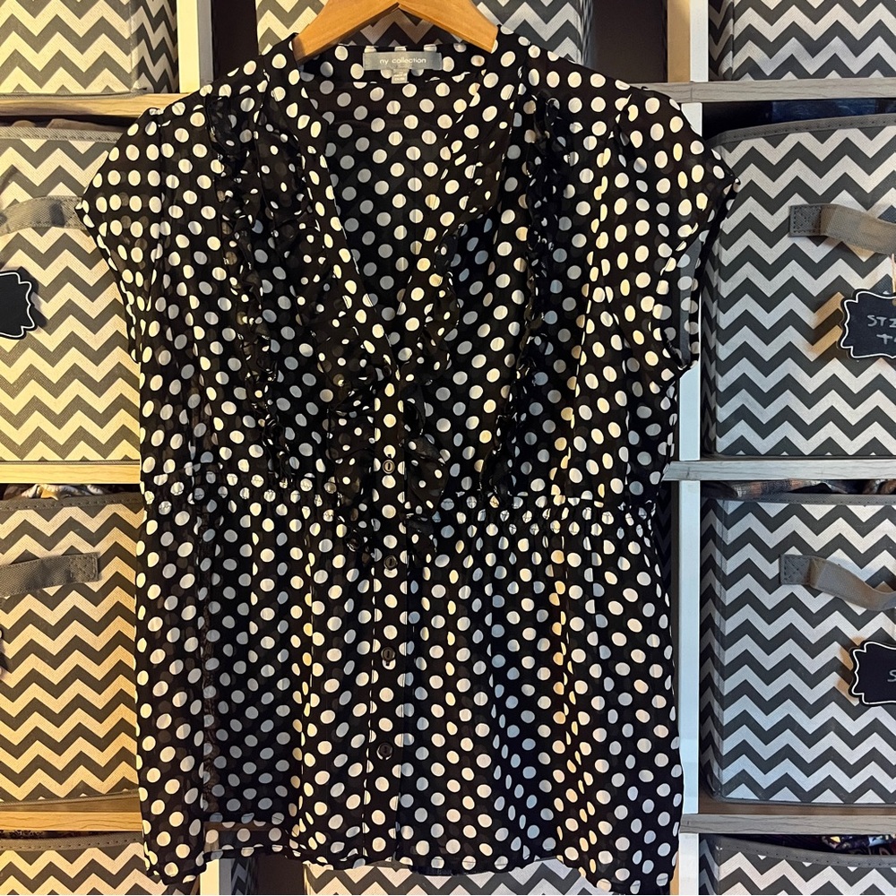 NY Collection Black and White Polka Dot Top